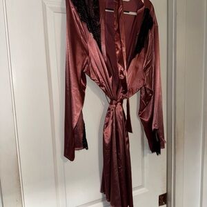 Penningtons Satin Robe in Rich Burgundy with Black Lace